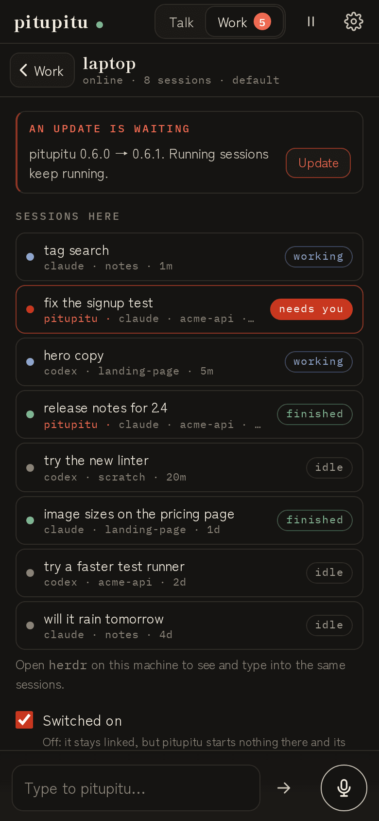 A machine called laptop on a phone: an update waiting with an Update button, and the sessions running there.