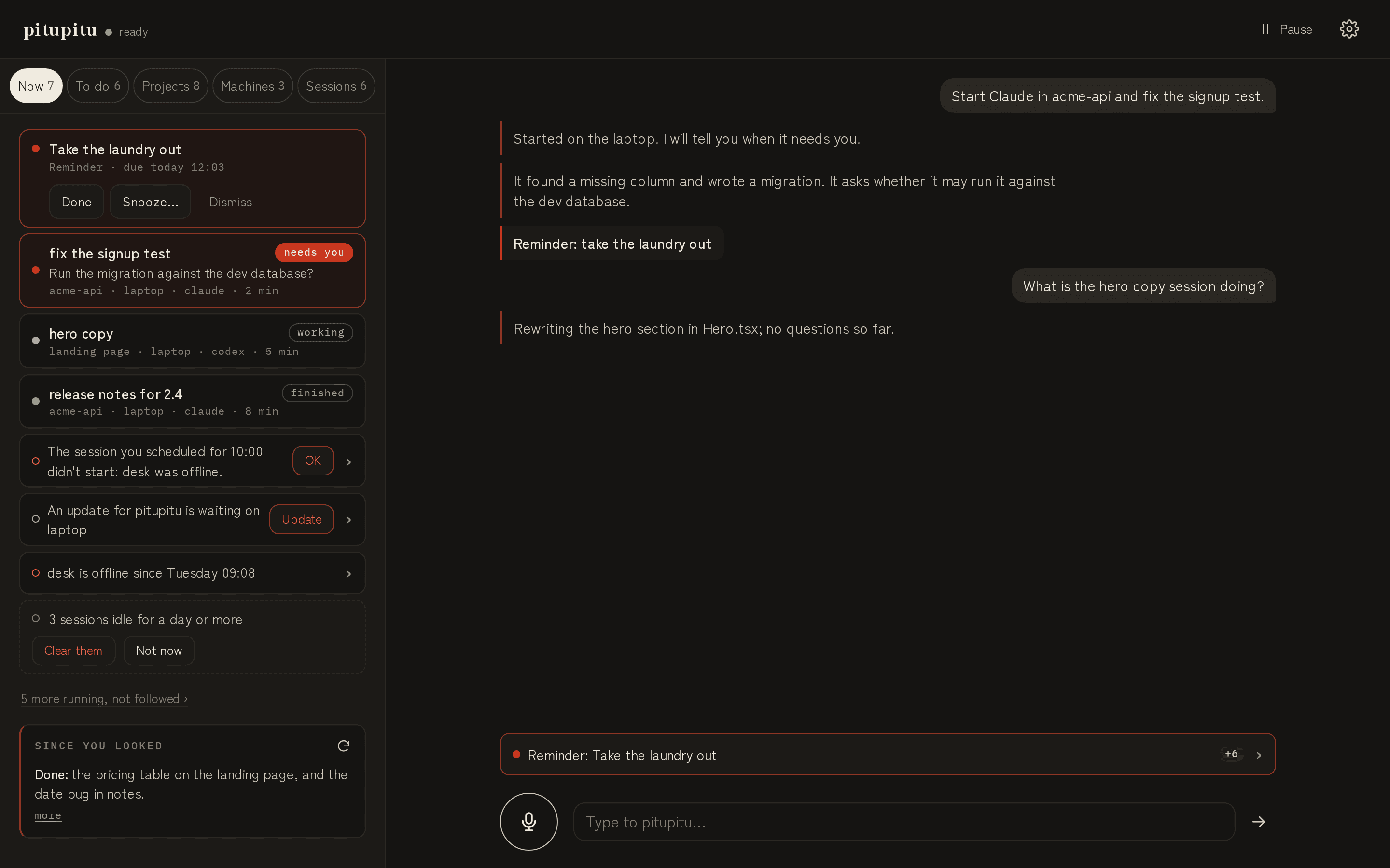 pitupitu on a wide screen: the work list on the left, beside the conversation with pitupitu on the right.