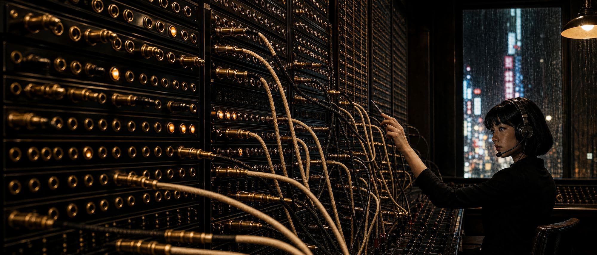A switchboard operator in a dark exchange, patching brass jacks, Tokyo neon behind the window
